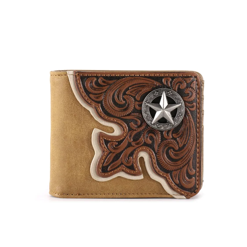 MW-603  Embossed Vintage Floral Lone-Star Men's Bifold PU Leather Wallet