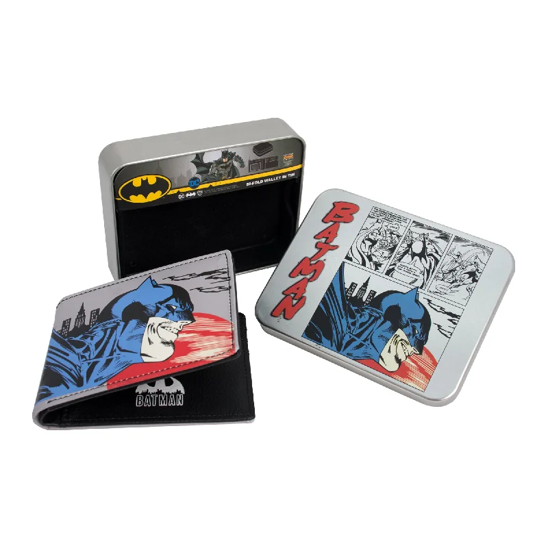 Lightweight money clips for travelDC Comics Batman Face Print Bifold Wallet in a Decorative Tin Case, Multi