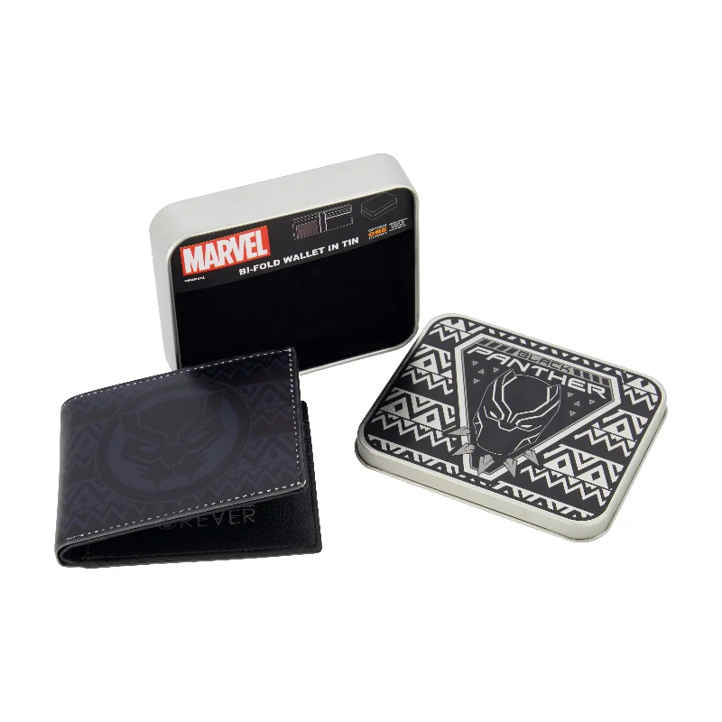 Money clips for holding large amounts of cashMARVEL BLACK PANTHER LOGO Bifold Wallet, Slim Wallet with Decorative Tin for Men and Women