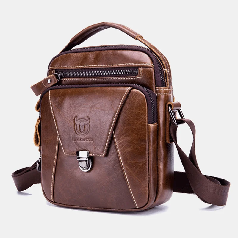 Bullcaptain Men Genuine Leather Anti-Theft Multi-Layers Casual Crossbody Bag Shoulder Bag