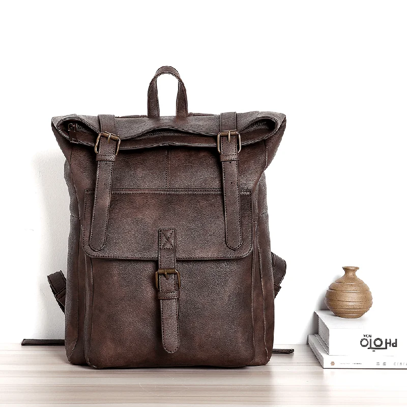 Ekphero Men Women PU Leather Vintage Large Captial Backpack Laptop Bags School Bag Shoulder Bags