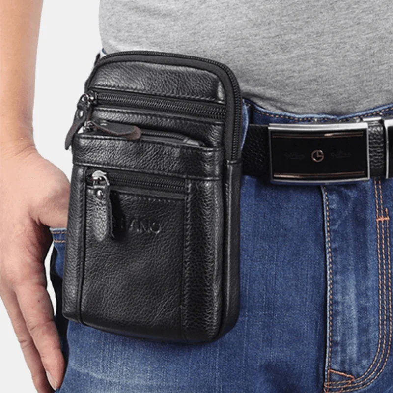 Genuine Leather Waist Bag Multi-Pocket Belt Bag Phone Bag Shoulder Bag for Men