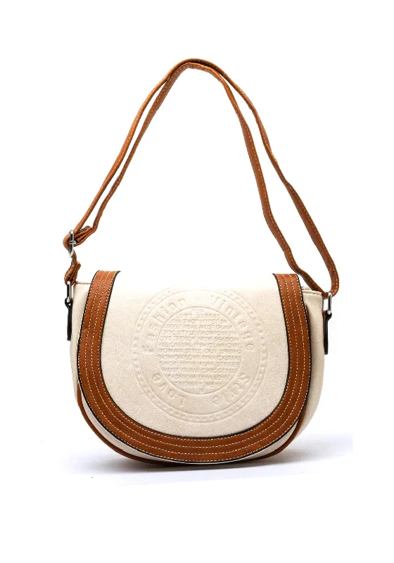 Zen Collection Embossed Detail Saddle Bag, Beige