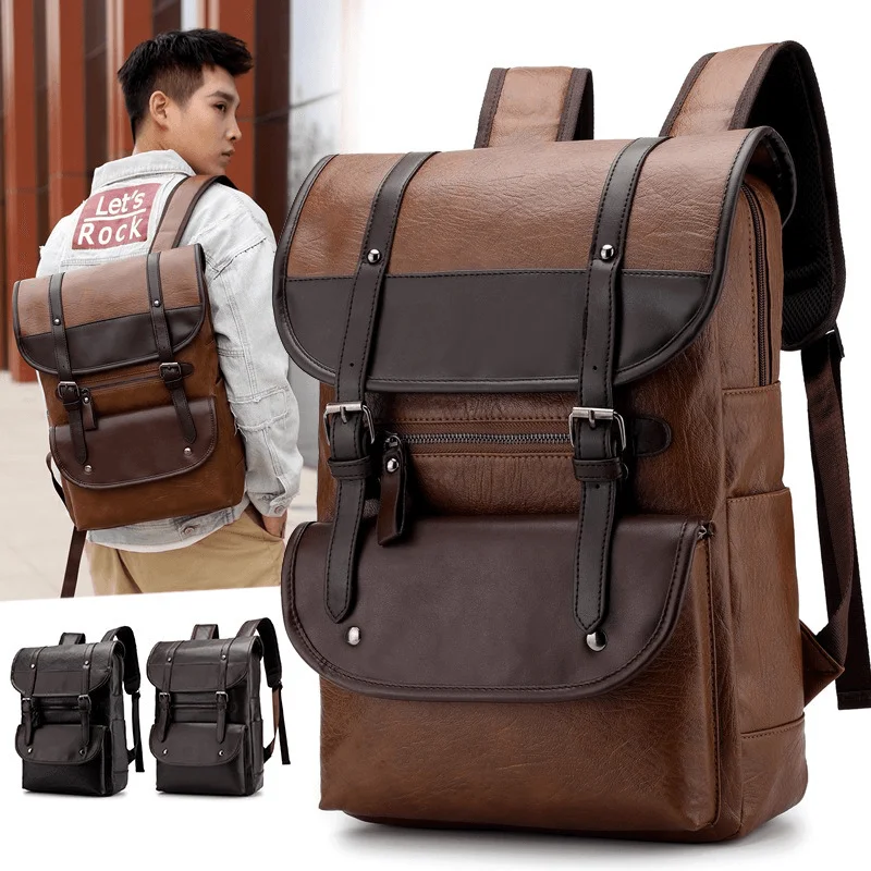 Men Anti-Theft Large Capacity PU Leather Backpack Casual Vintage Shoulder Bag