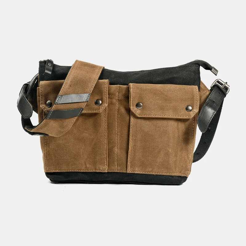 Men Casual Wear-Resistant Waterproof Canvas Briefcase Multi-Pocket Color Contrast Crossbody Shoulder Bag