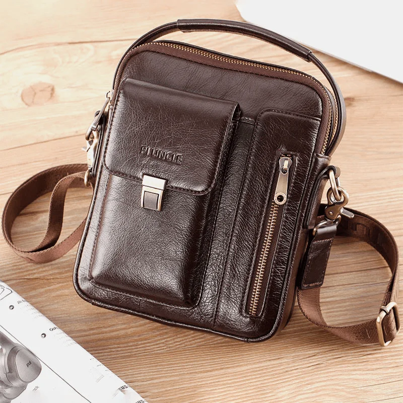 Men Genuine Leather Cowhide Multi-Function Large Capacity Crossbody Bag Shoulder Bag