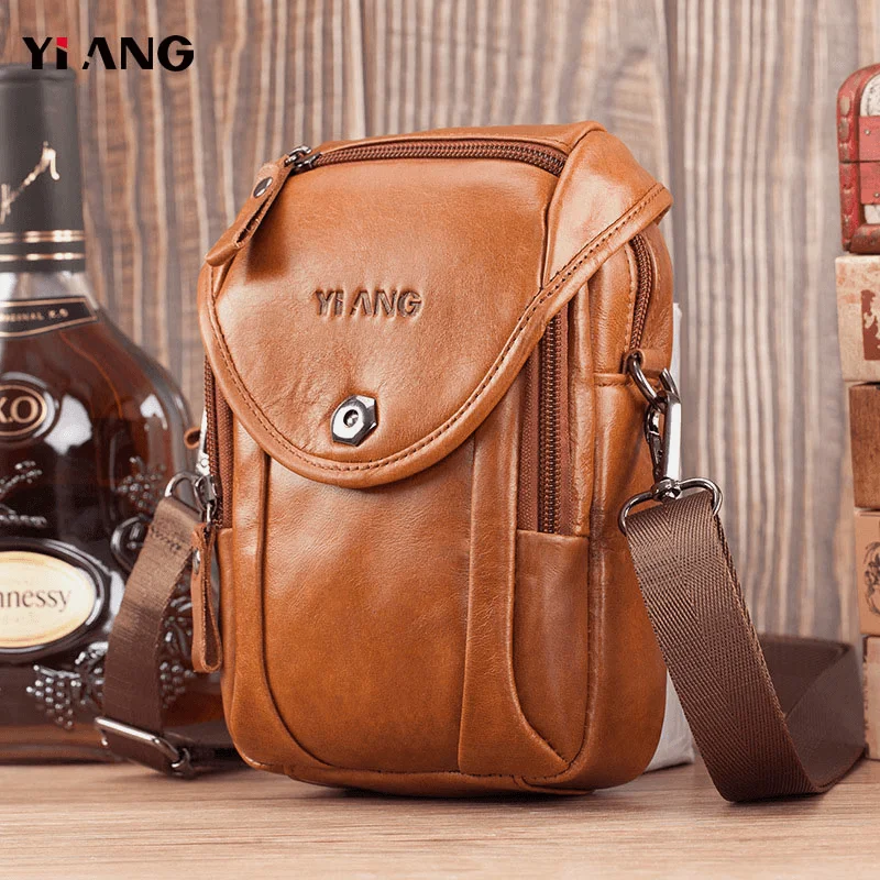 Men Genuine Leather Crossbody Bag Shoulder Bag Phone Bag Waist Belt Bag for Outdoor