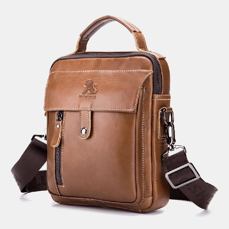 Men's crossbody bag with a built - in charging port for tech use on the goMen Genuine Leather Multi-Pocket Waterproof Vintage Handbag Crossbody Bag Shoulder Bag