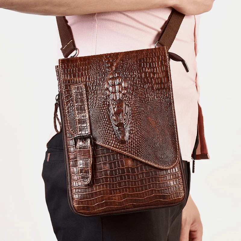 Men Genuine Leather Wear-Resistant Crocodile Texture Casual Crossbody Bag Shoulder Bag