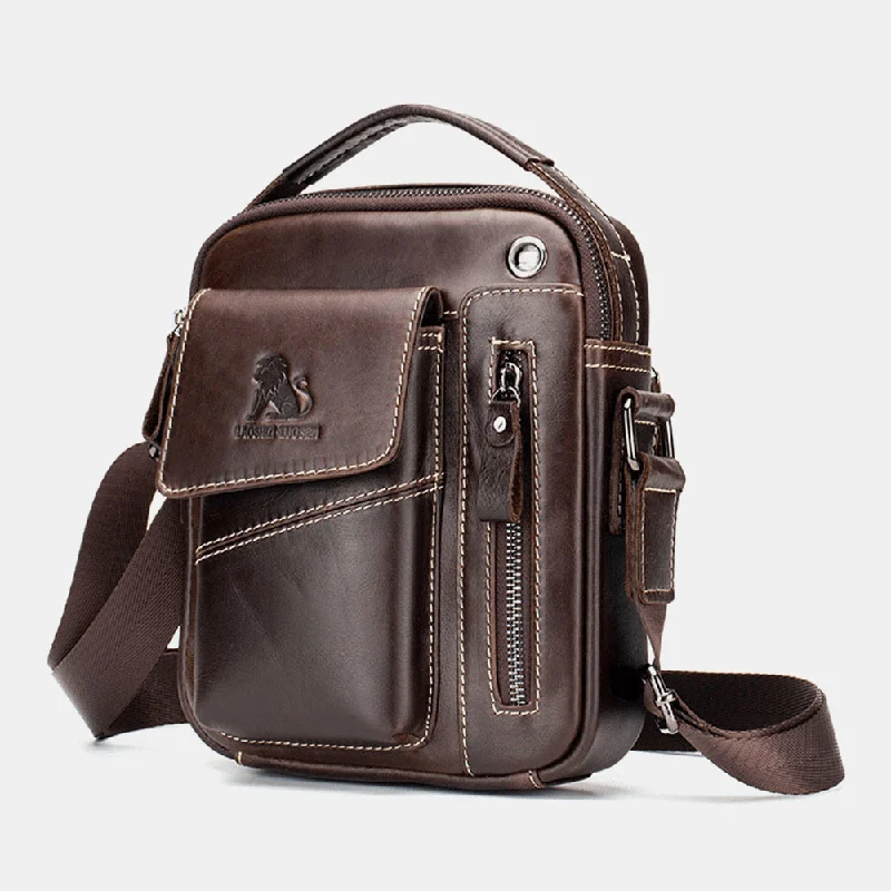 Men Genuine Leather Wear-Resistant Headphone Hole Multi-Pocket Vintage Crossbody Bag Shoulder Bag