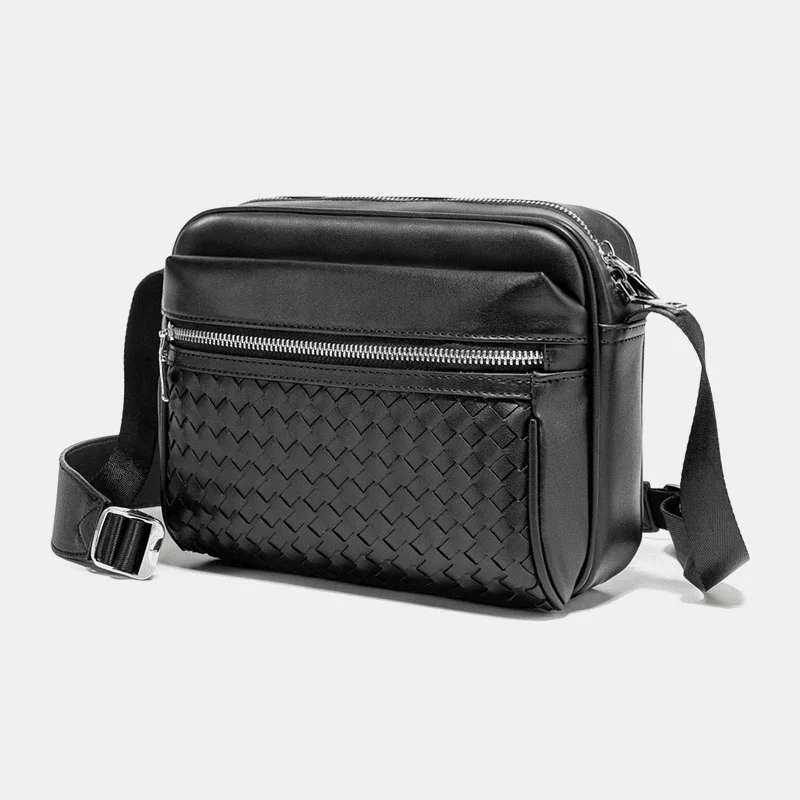 Men PU Leather Waterproof Wear Resistant Woven Crossbody Bag Large Capacity Shoulder Bag