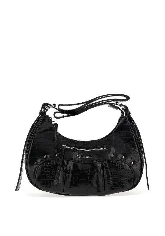 Zen Collection Faux Croc Print Studded Crossbody Bag, Black