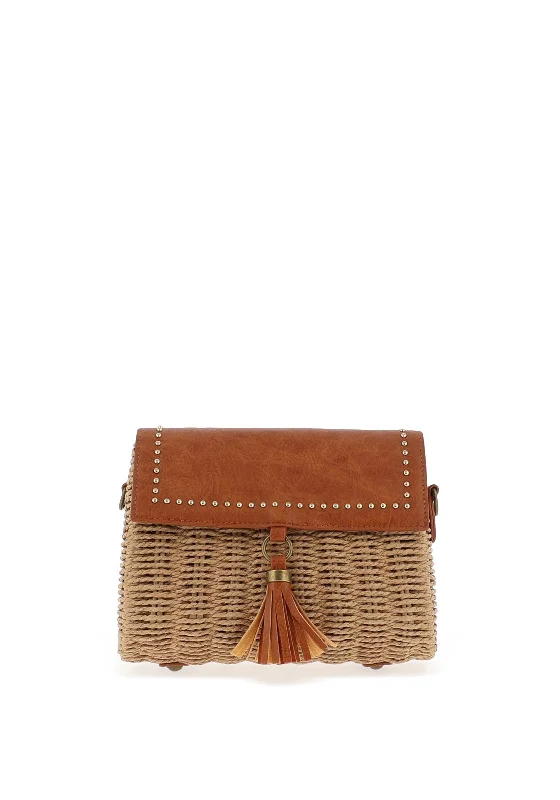 Zen Collection Woven Tassel Cross Body Grab Bag, Taupe