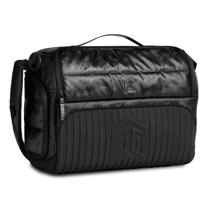 Lightweight nylon duffel travel bag with multiple exterior pockets for quick access(Promo) STM Goods Dux 16L Messenger (15") - Black Camo