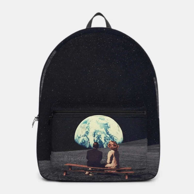 Unisex Oxford Environmental Protection Space Planets Earth and Moon Print School Bag Backpack